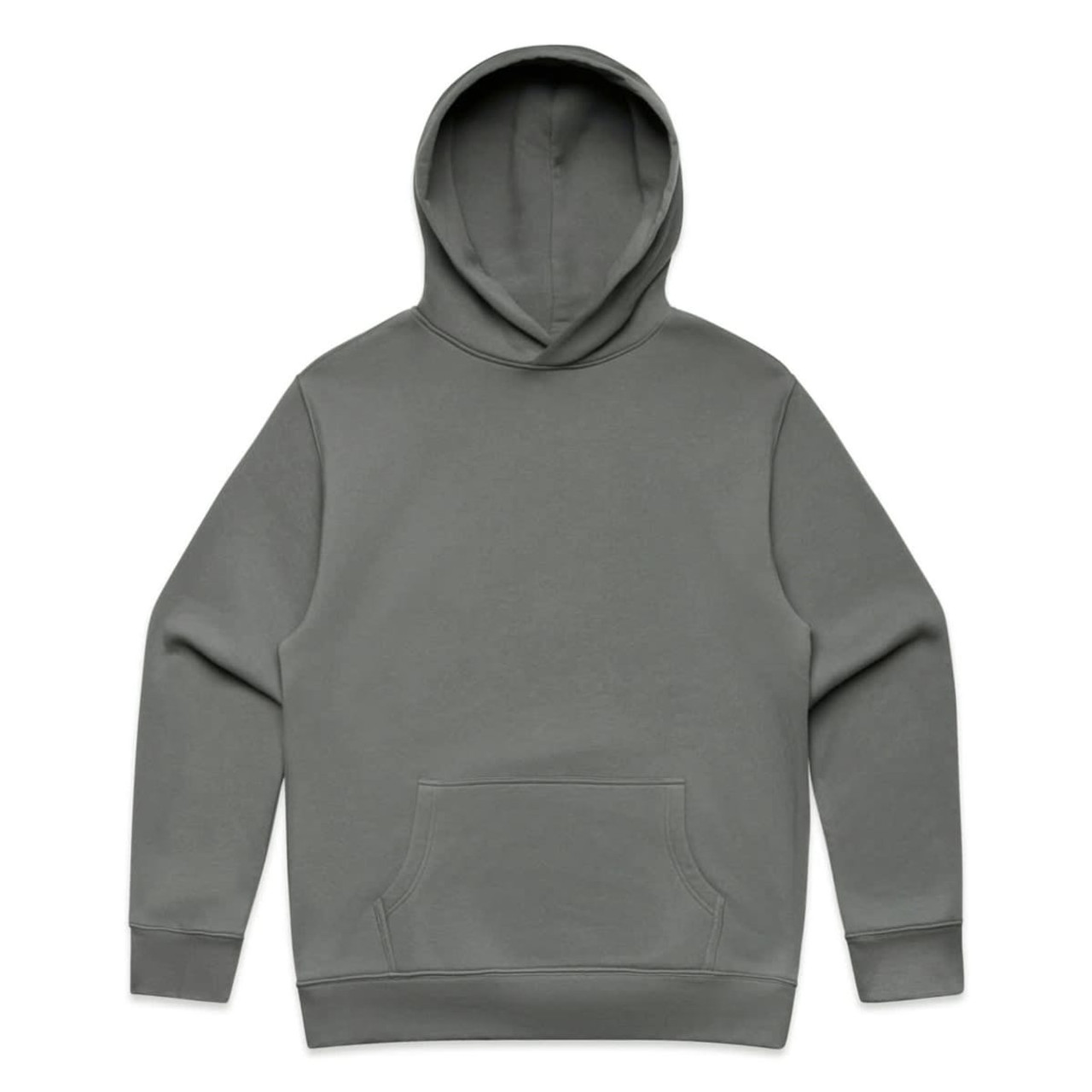A grey hoodie with a front pocket and a hood. It features a branding logo.