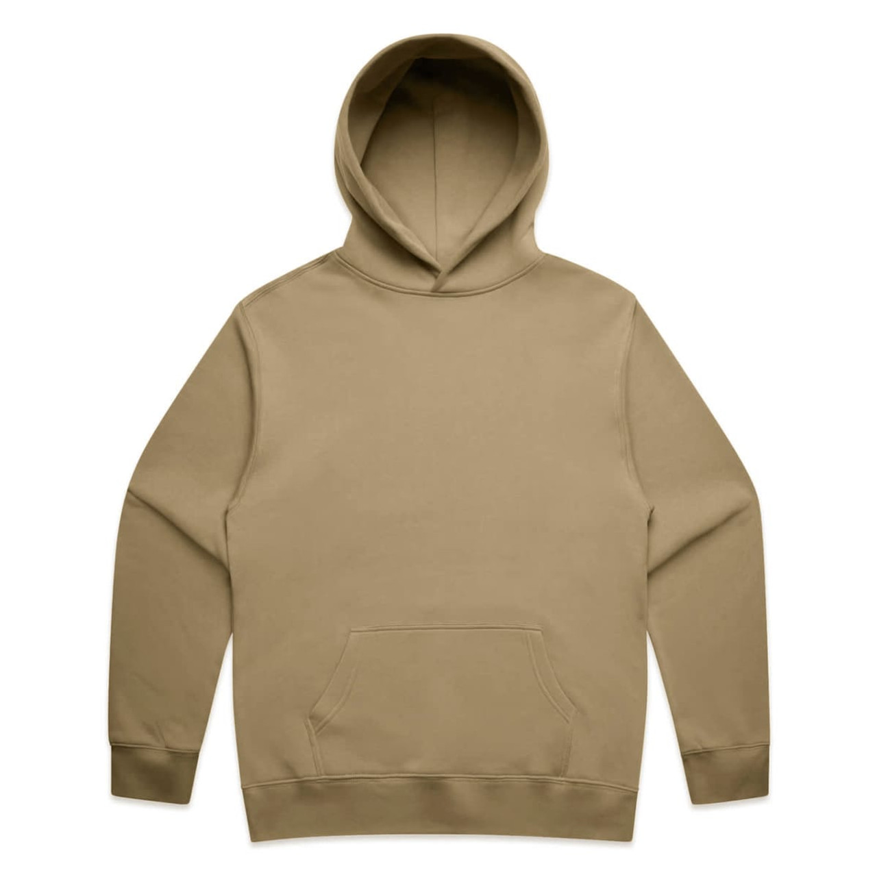 A beige hoodie with a front pocket and a drawstring hood, featuring a logo on the front.