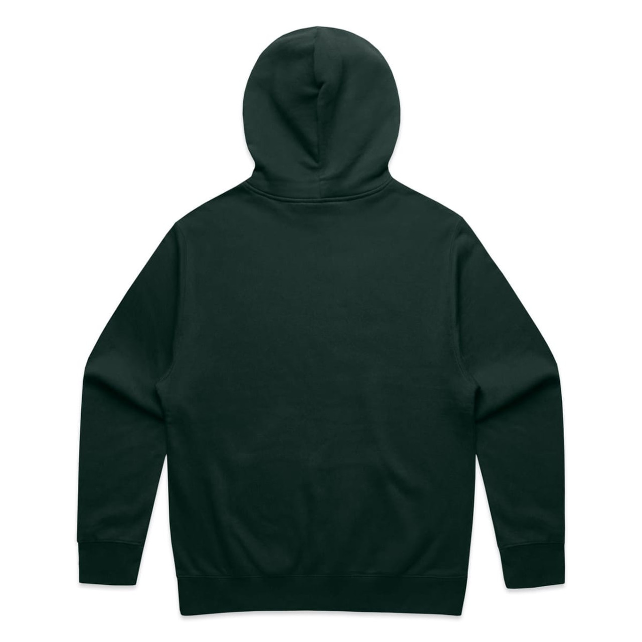 A dark green hoodie featuring a hood and long sleeves, with a plain back design. It has a logo on the back.