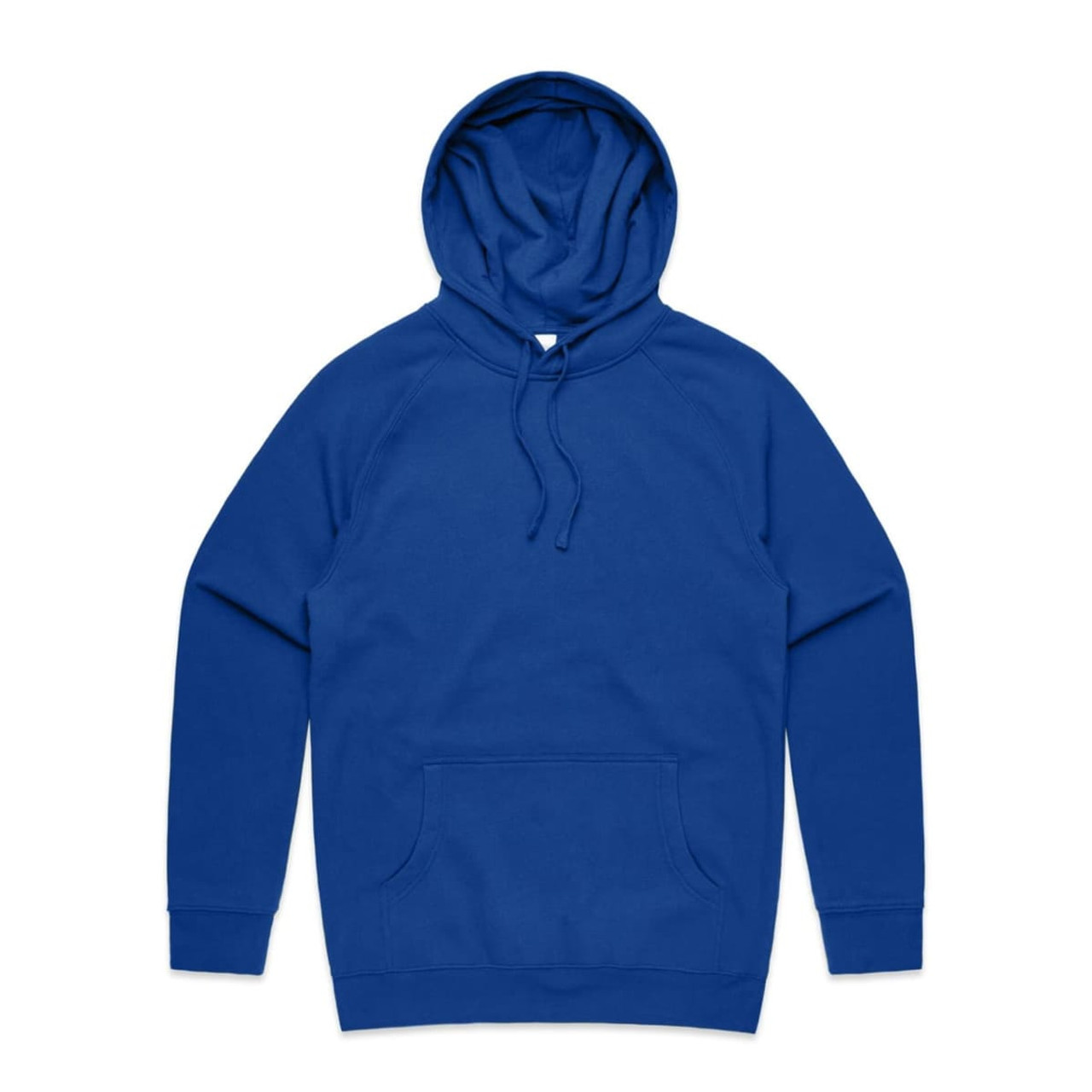 A blue hoodie with a front pocket and an adjustable hood, featuring a logo.