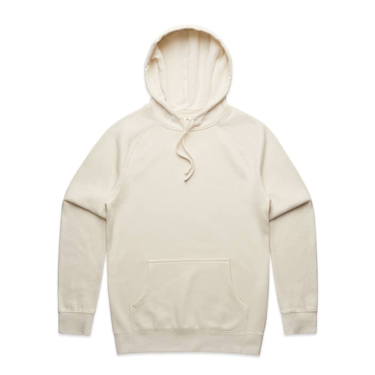 A cream-coloured hoodie with a front pocket and a drawstring hood. It features a logo on the front.