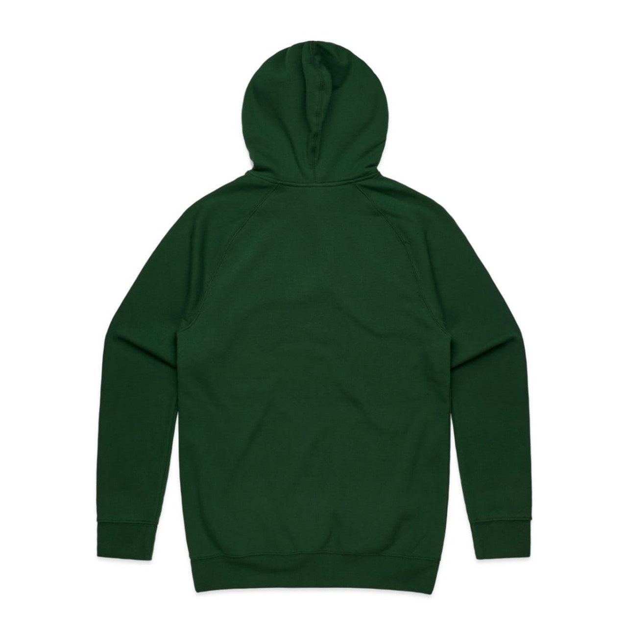 A green hoodie featuring a back view with a hood and long sleeves, including a logo on the fabric.