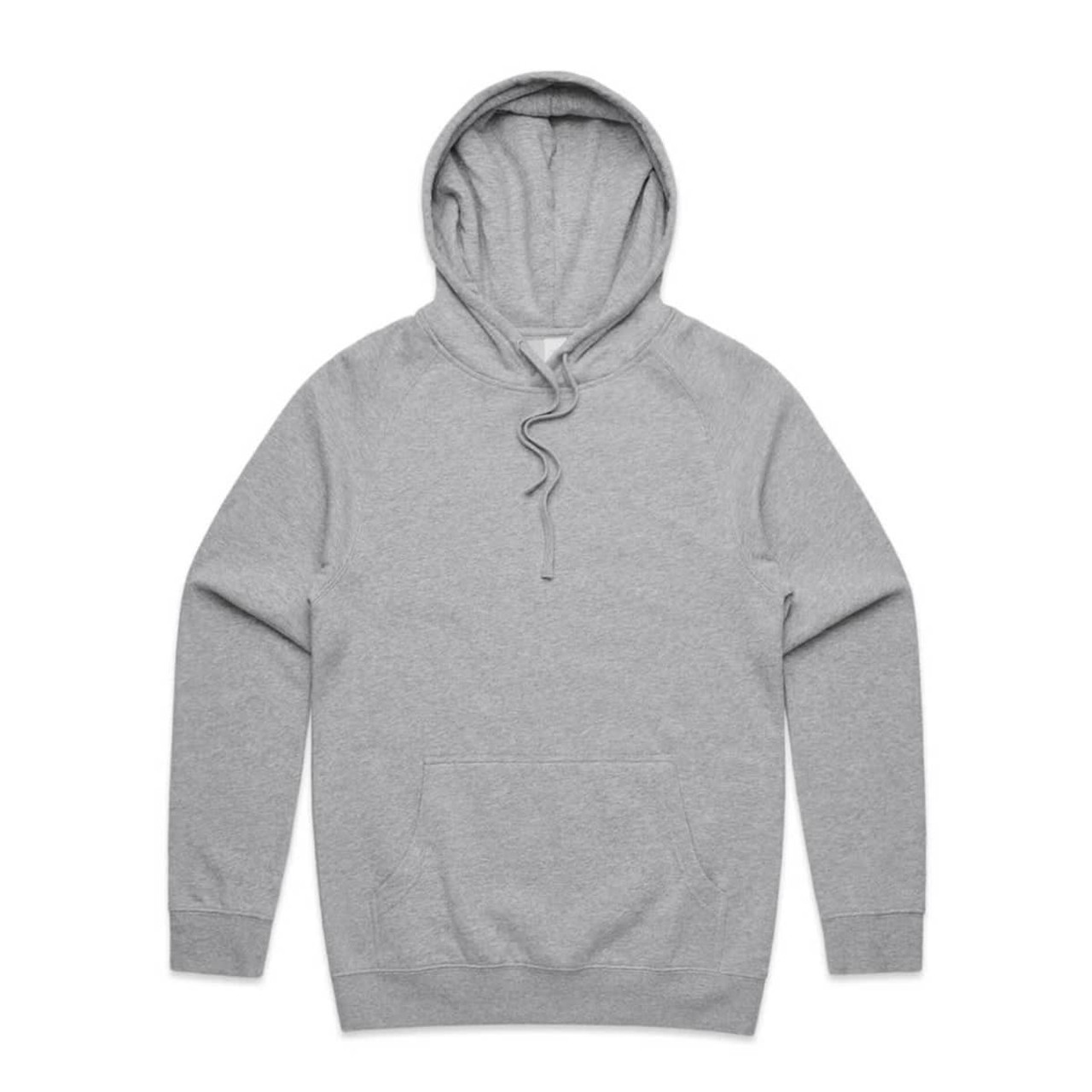 A grey hoodie with a front pocket and a drawstring hood, featuring a logo on one side.