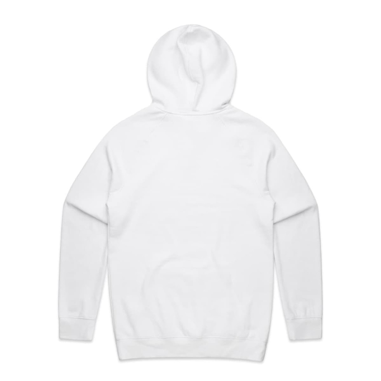 A white hoodie with a front pocket and a large hood, featuring a logo on the back.