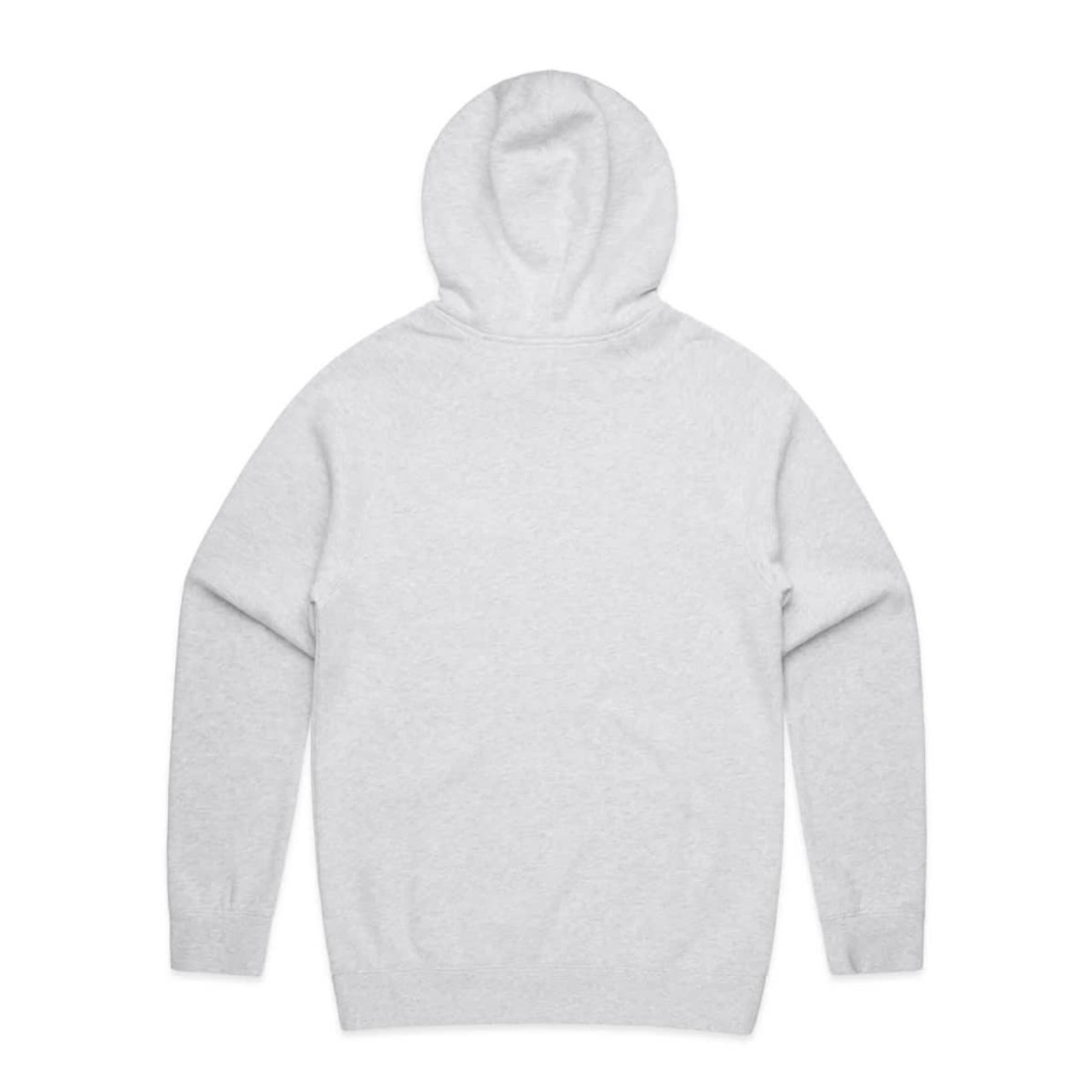 A grey hoodie with a snug hood and long sleeves, featuring a branding logo.