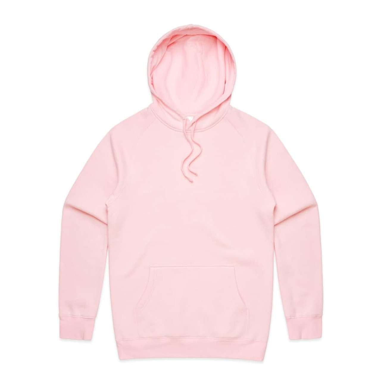 A pink hoodie with a front pocket and a hood, featuring a logo on the chest area.