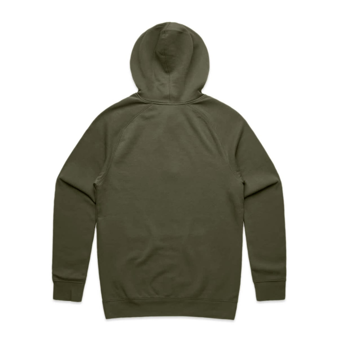 A green hoodie with a hood and long sleeves, featuring a plain design on the back and a branding logo.