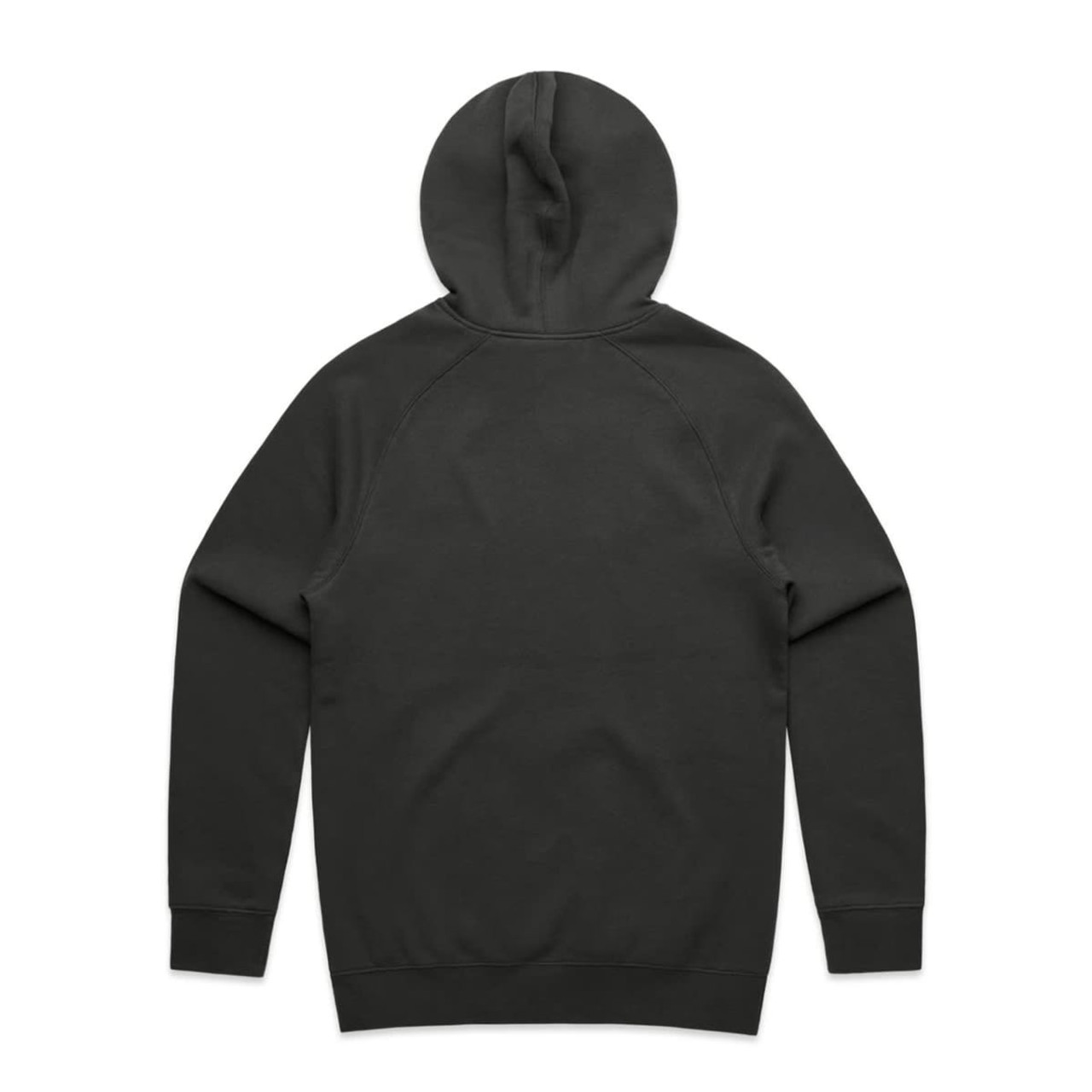 A dark grey hoodie with a hood and raglan sleeves, featuring a smooth back design. It has a logo.