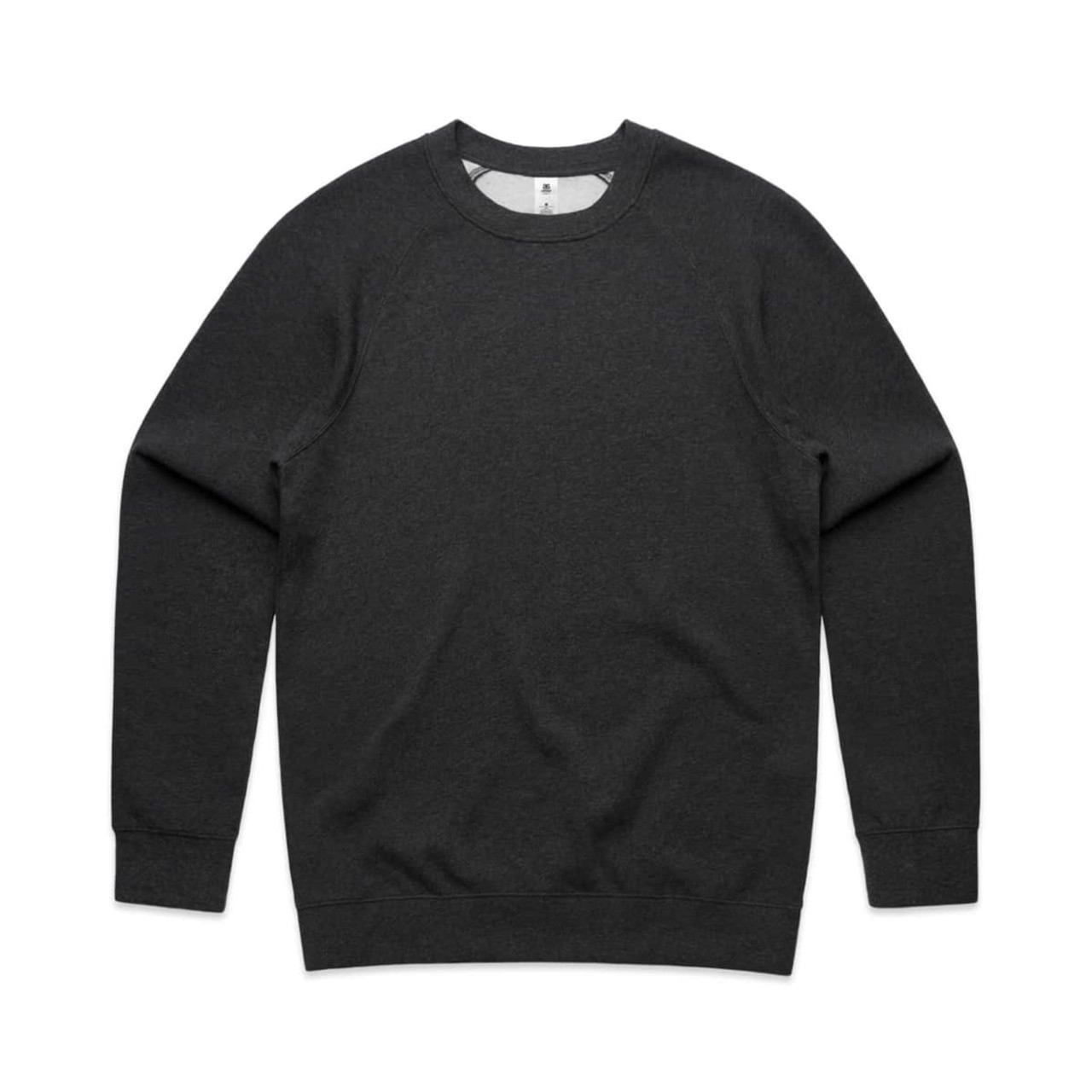 A dark grey jumper with long sleeves and a crew neck design. It features a tag and a subtle logo.