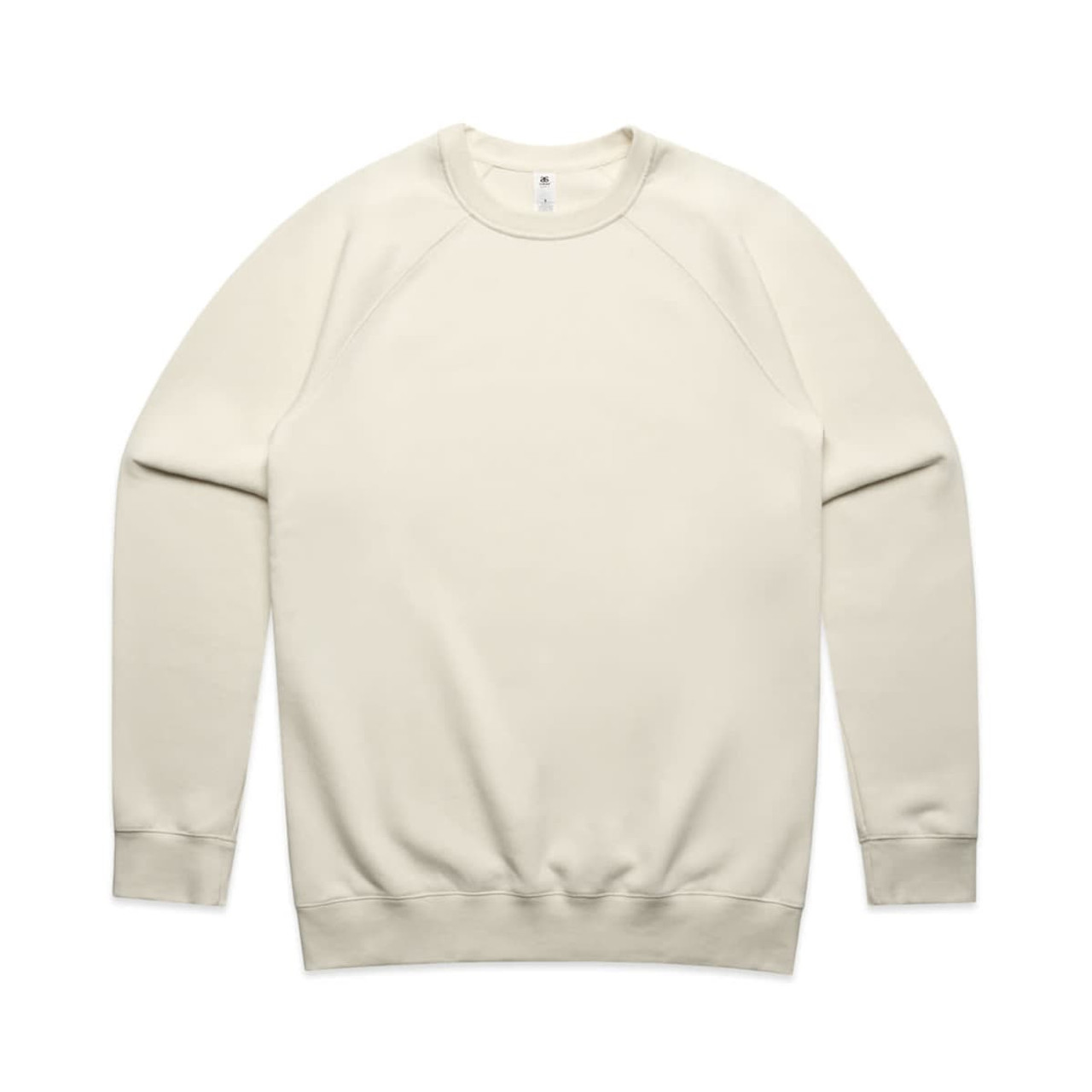 A cream-coloured jumper with long sleeves and a round neckline, featuring a logo.