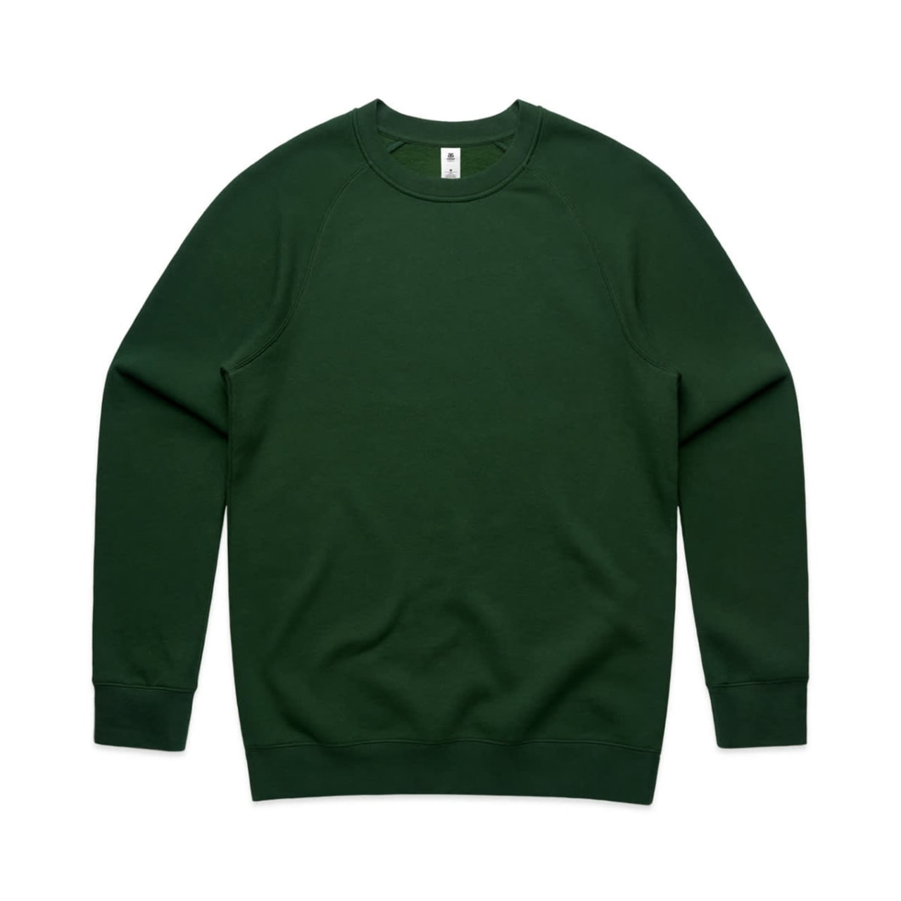A green sweater featuring long sleeves and a round neckline, with a plain design and a logo tag.