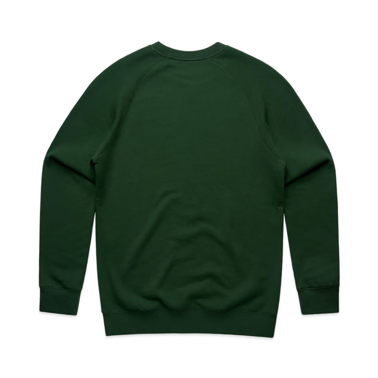 A green jumper with a simple design and raglan sleeves, featuring a logo on the back.