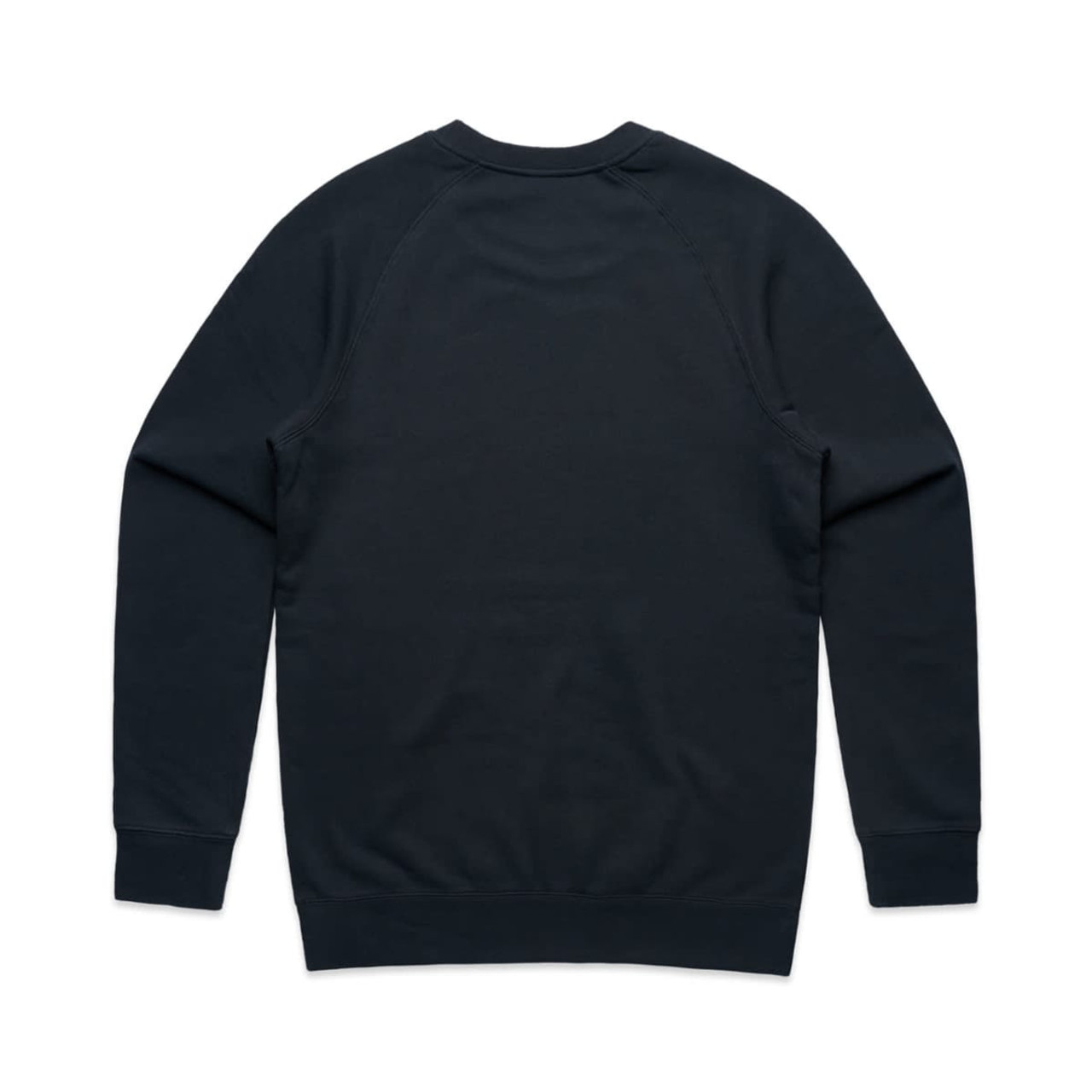 A dark green jumper with a simple design and ribbed cuffs, featuring a logo on the back.