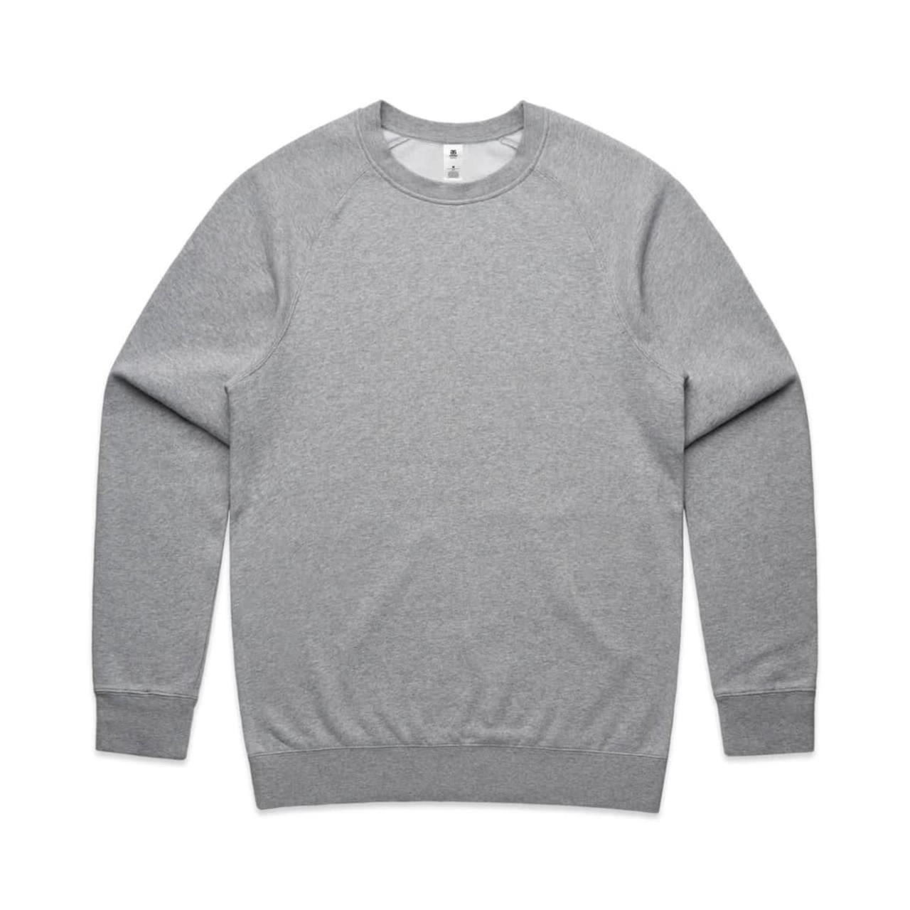 A grey jumper with long sleeves and a crew neck, featuring a logo on the inside collar.