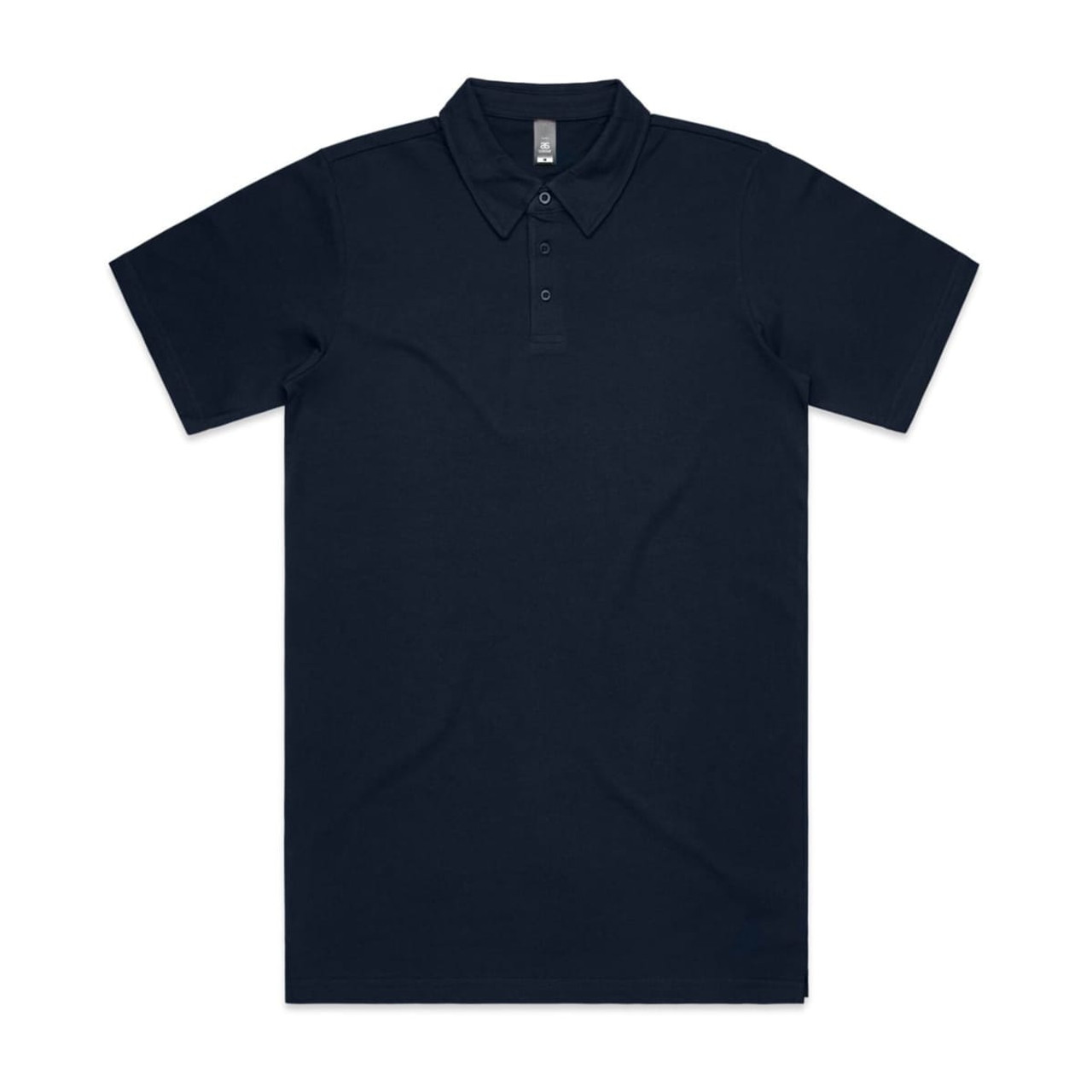 A navy blue polo shirt featuring a collar and a logo. The shirt has short sleeves and a classic fit.