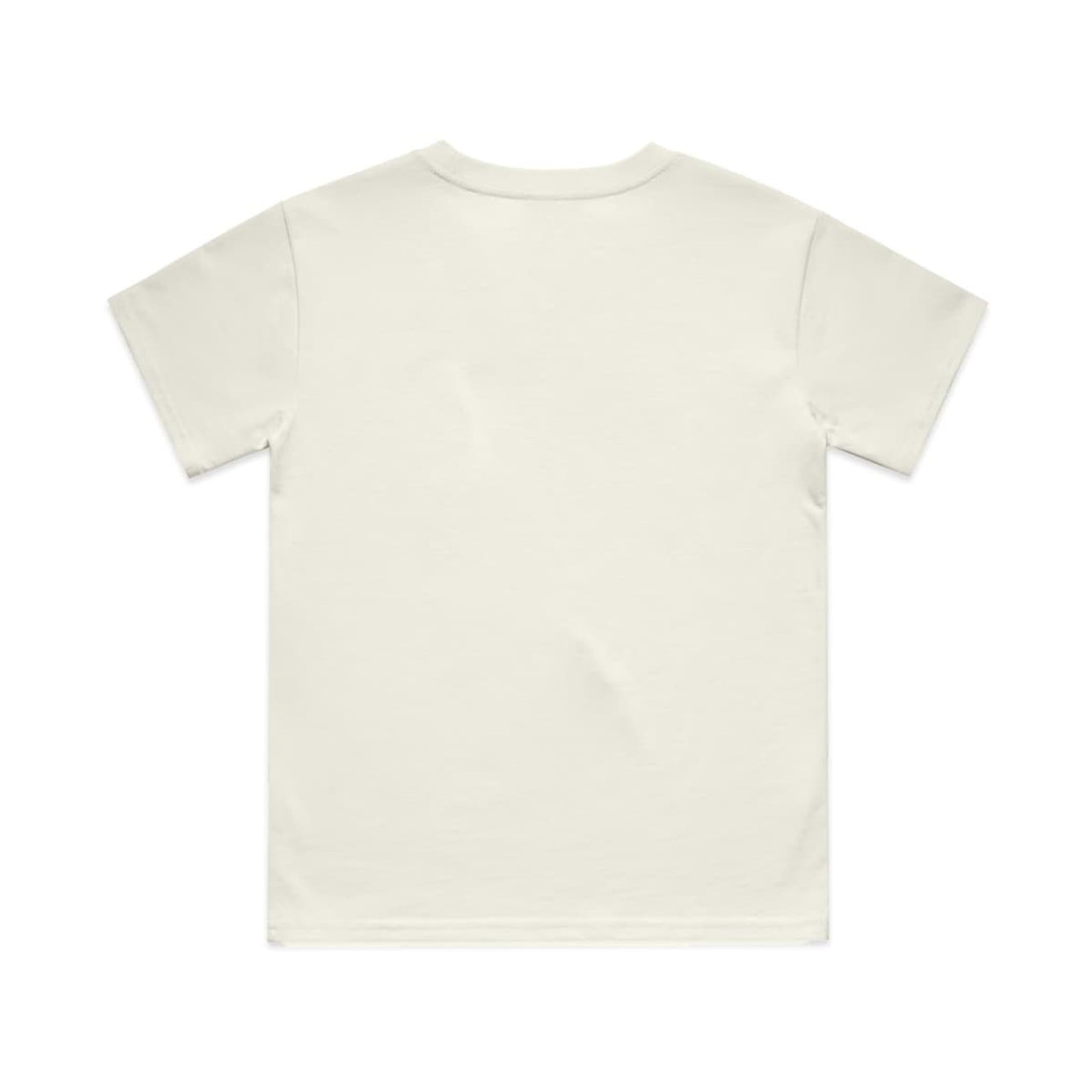 A plain white youth classic tee with a crew neckline and short sleeves, featuring a logo on the back.
