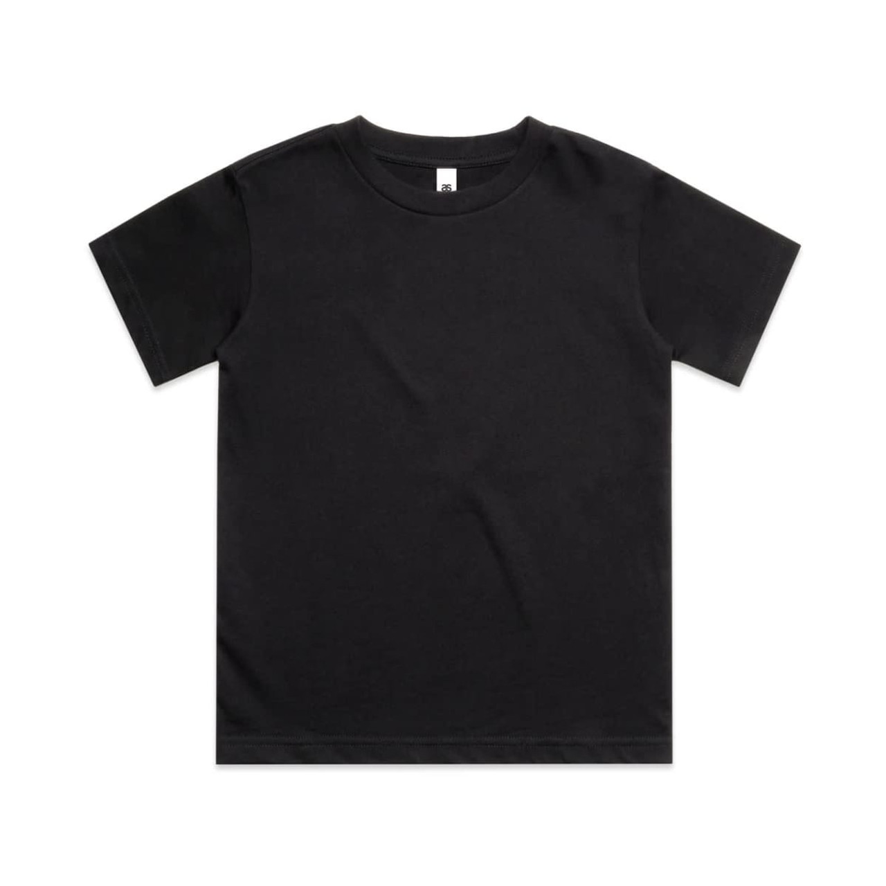 A black youth classic tee shirt featuring short sleeves and a round neckline. It has a small logo on the label.