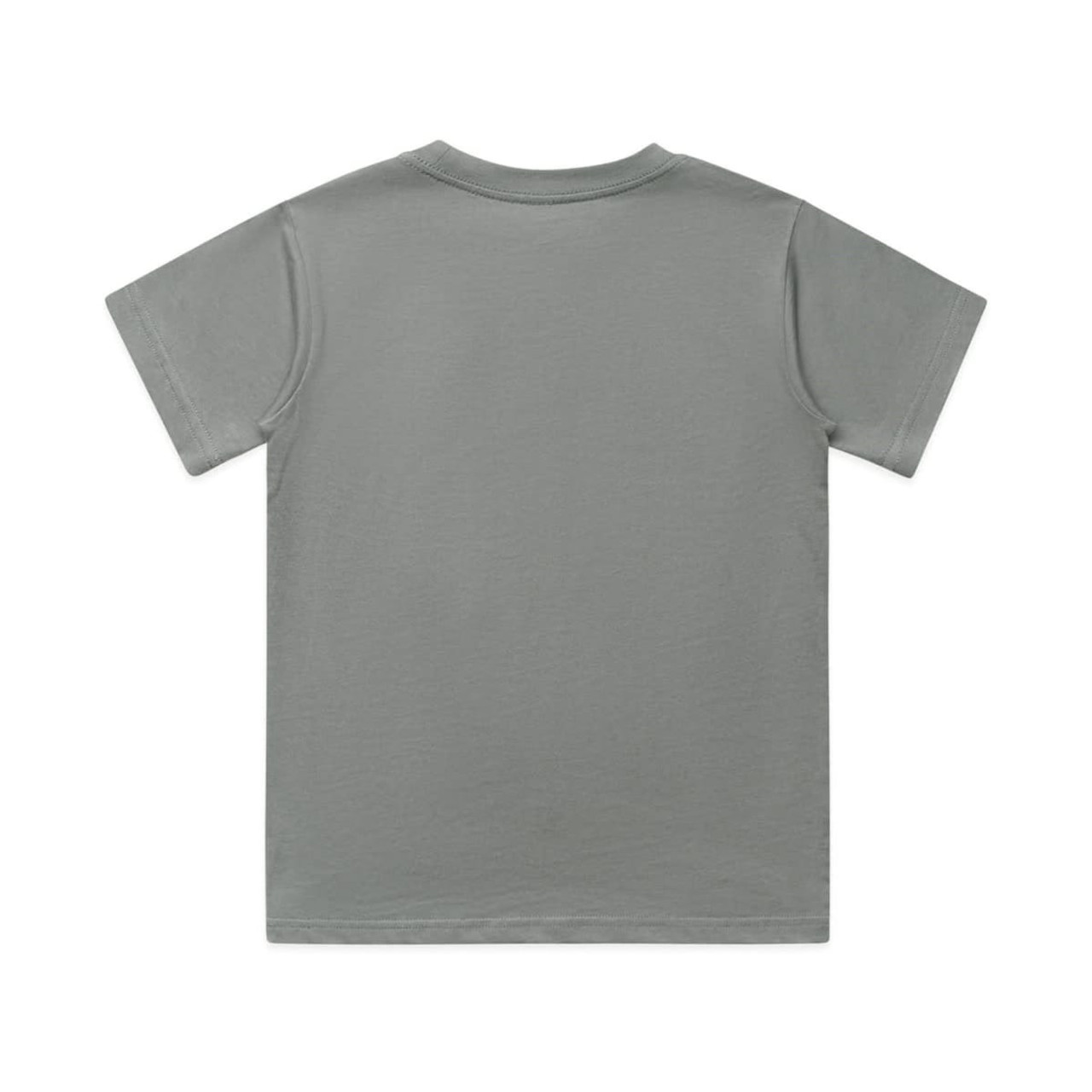 A back view of a grey youth classic tee, featuring short sleeves and a plain design. The shirt has a logo.