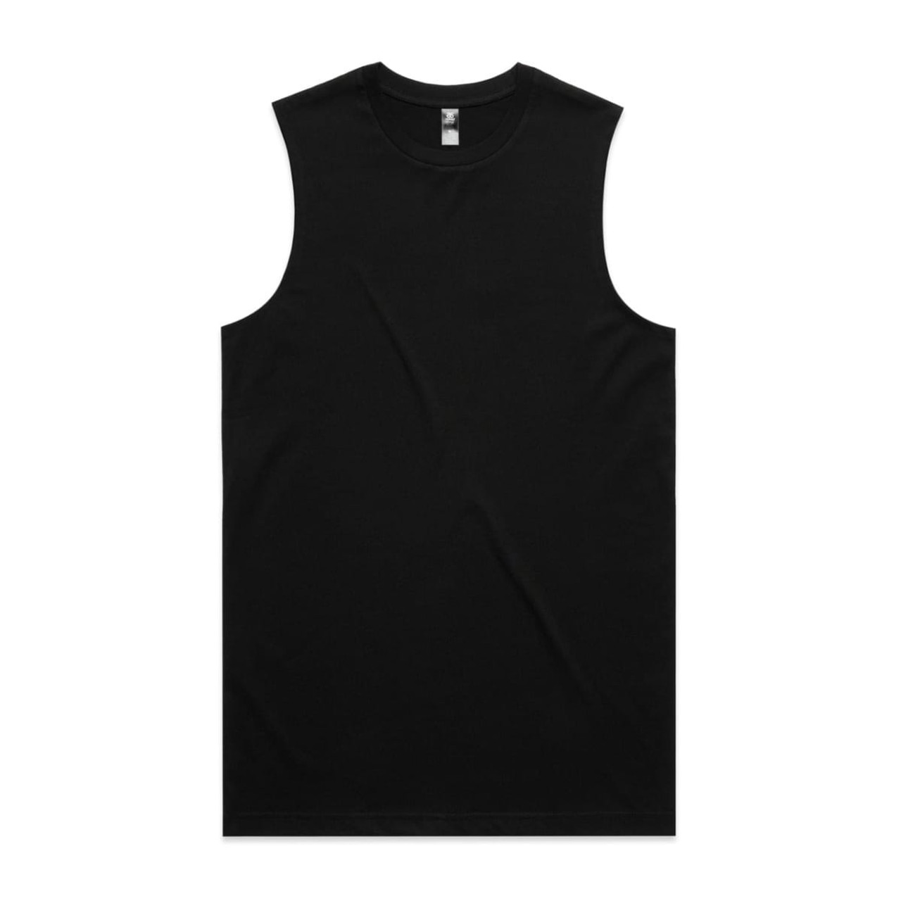 A black sleeveless tank top with a round neckline. The design is simple and features a logo.