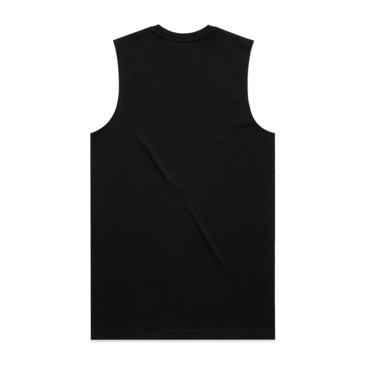 A black sleeveless tank top with a plain design and a logo on the back.