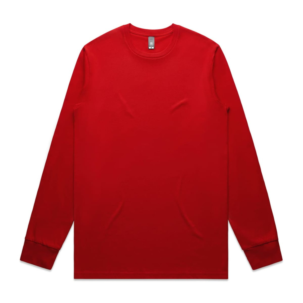 A long-sleeve red t-shirt with a plain design and a logo on the neckline.
