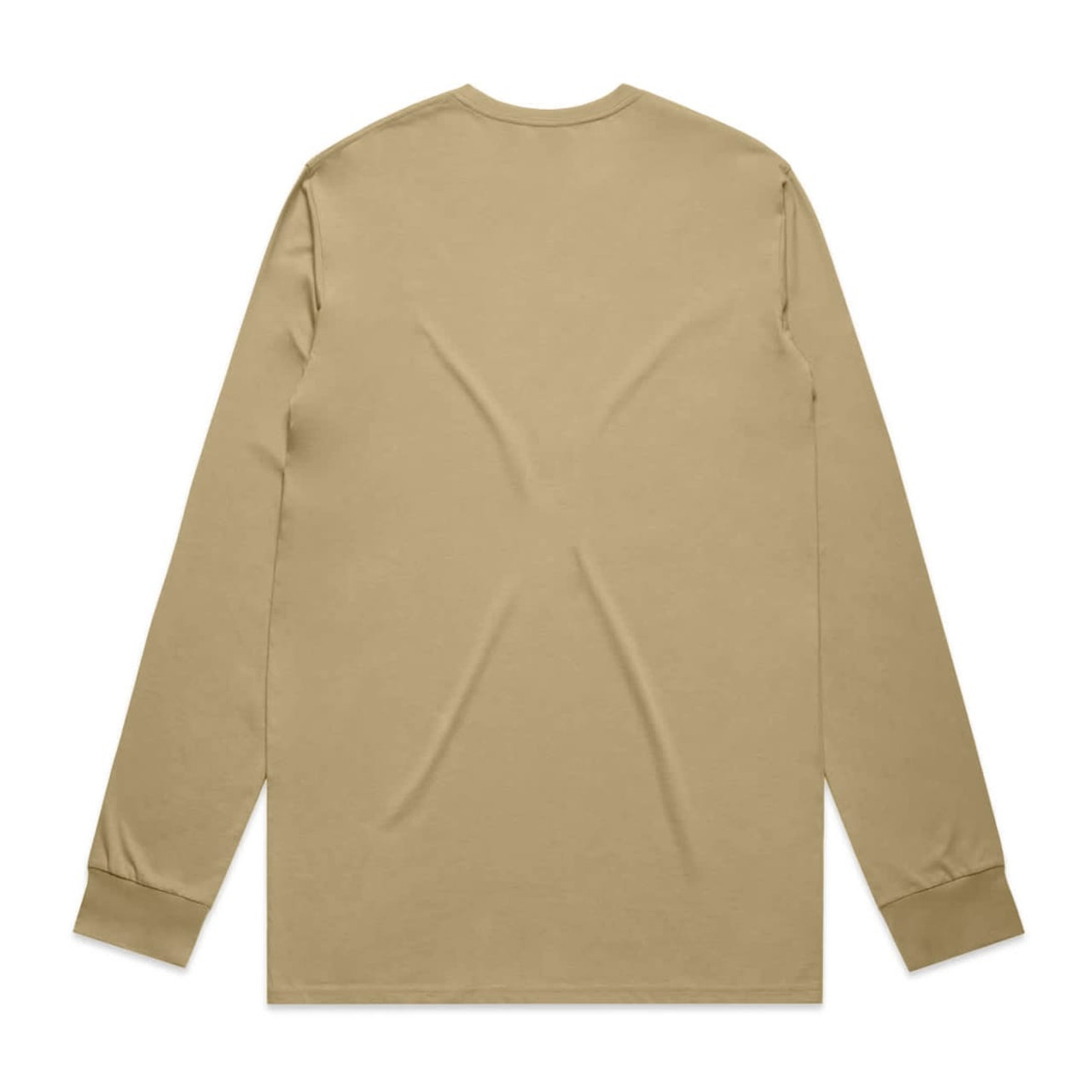 A beige long sleeve t-shirt with a plain back and fitted cuffs, featuring a branding logo.