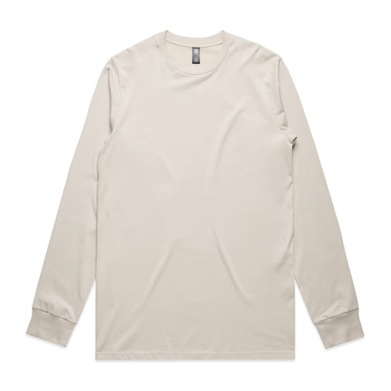 A long sleeve tee in a light beige colour, featuring a logo on the tag. Simple and casual design.