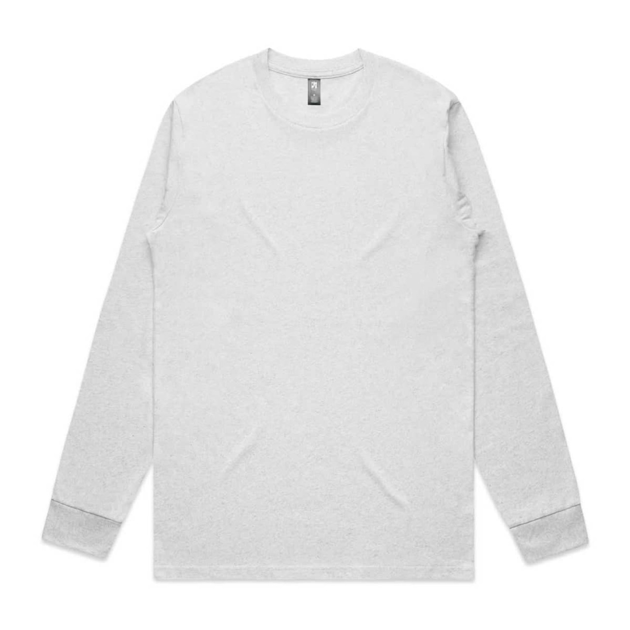 A light grey long-sleeve T-shirt with a round neckline and a logo on the label.
