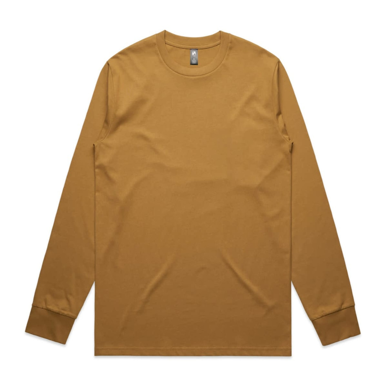 A long-sleeve t-shirt in a warm brown colour, featuring a logo on the neckline.