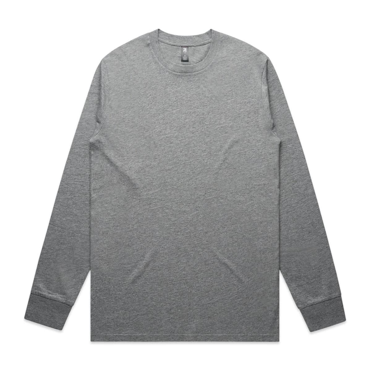 A grey long-sleeve T-shirt laid flat, featuring a simple design and a label inside the collar.