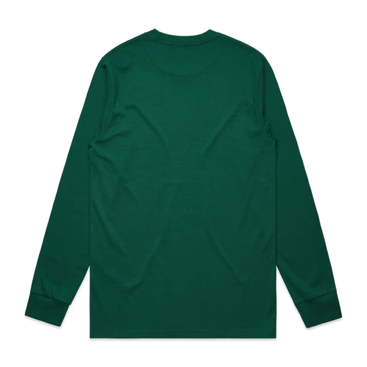 A green long-sleeve T-shirt featuring a plain back and fitted cuffs. Includes a logo on the neck.