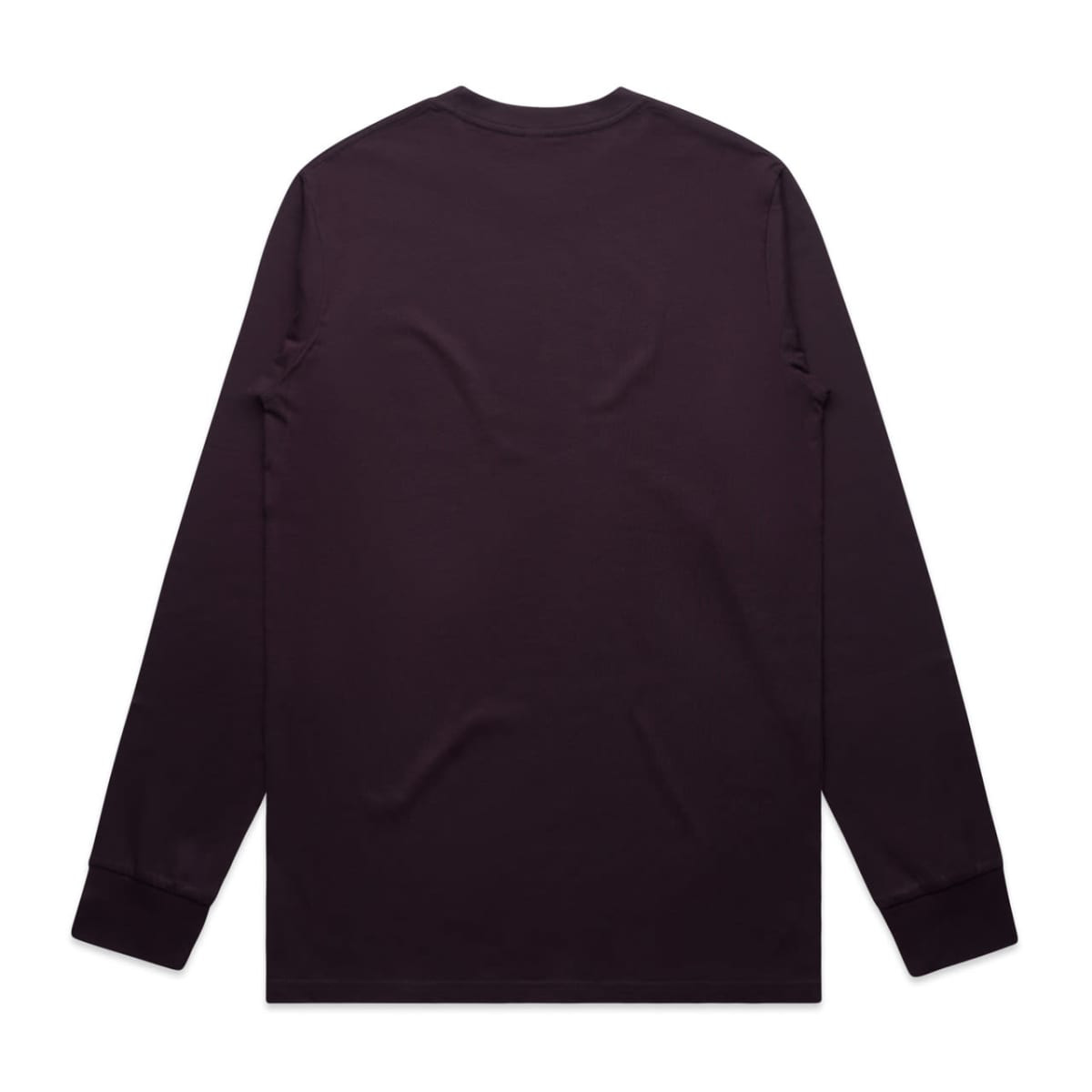 A long-sleeved tee in a deep purple shade, featuring a simple back design and a logo.