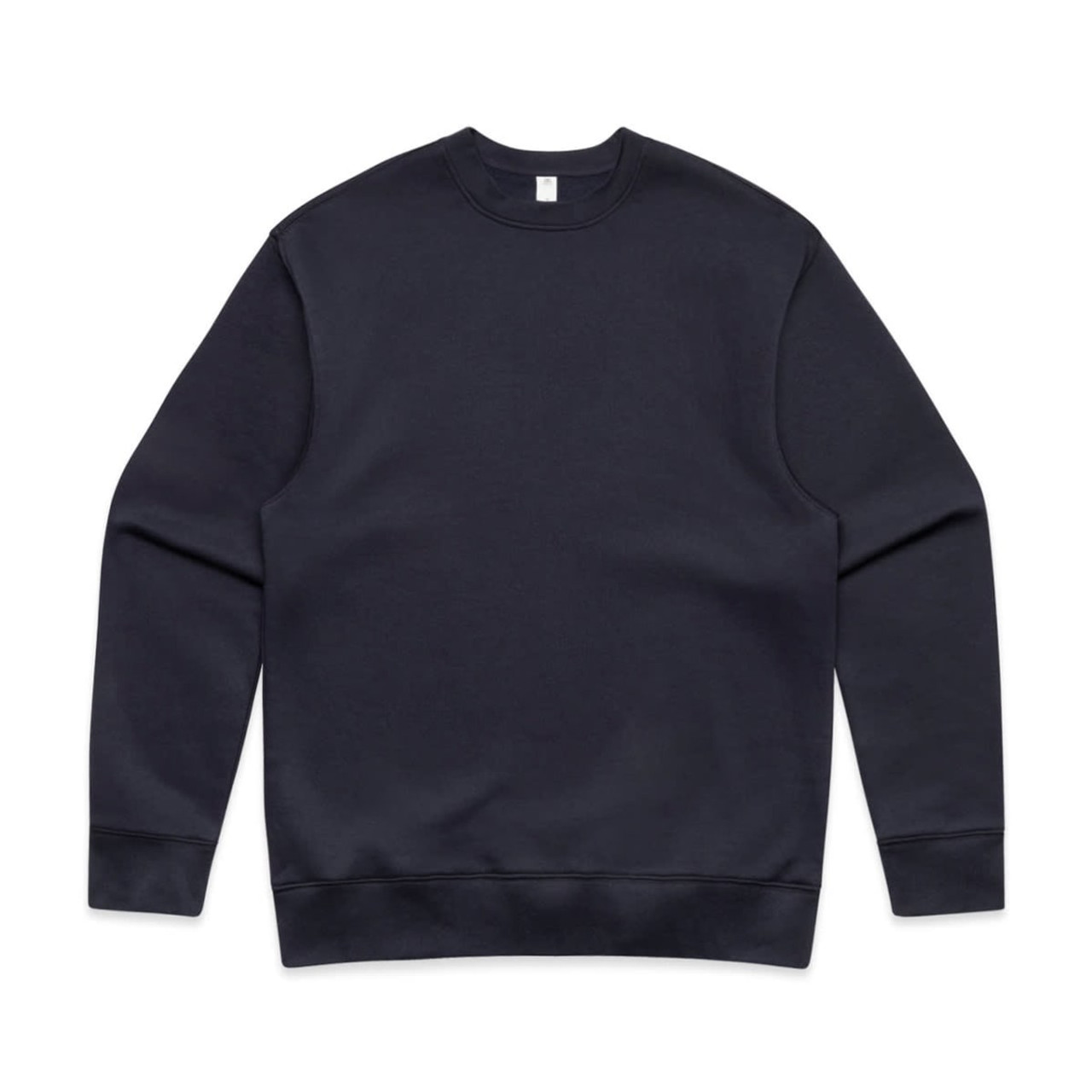 A navy jumper with a classic crew neck and long sleeves. It features a plain design and has a branding logo.