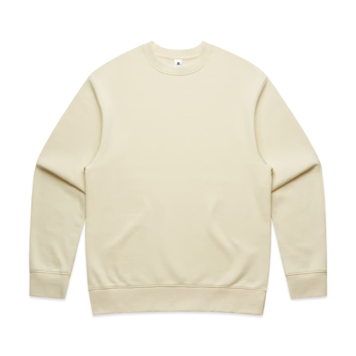 A beige jumper featuring a crew neck design and long sleeves, with a logo on the front.