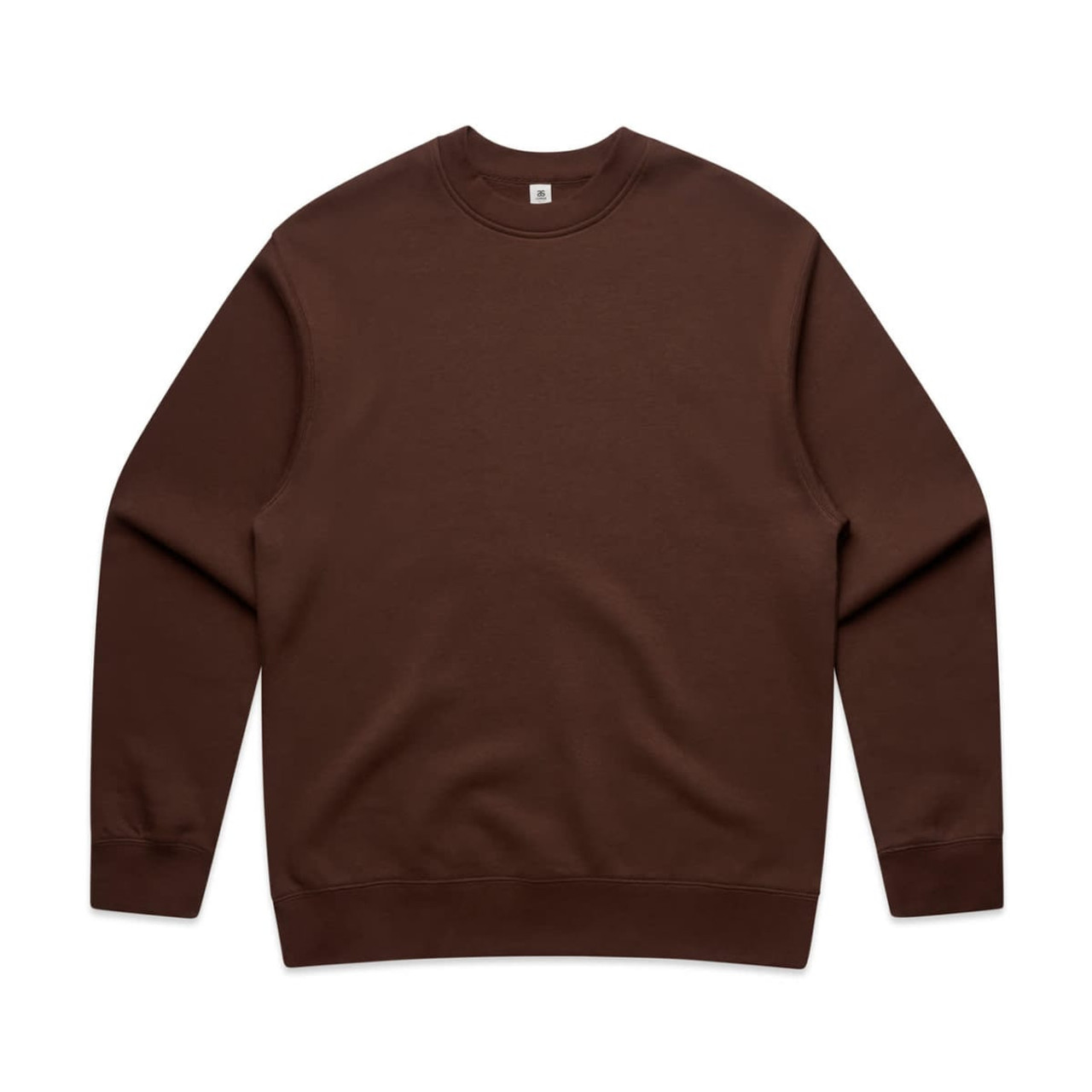 A brown sweater with long sleeves and a round neckline, featuring a logo on the inside label.