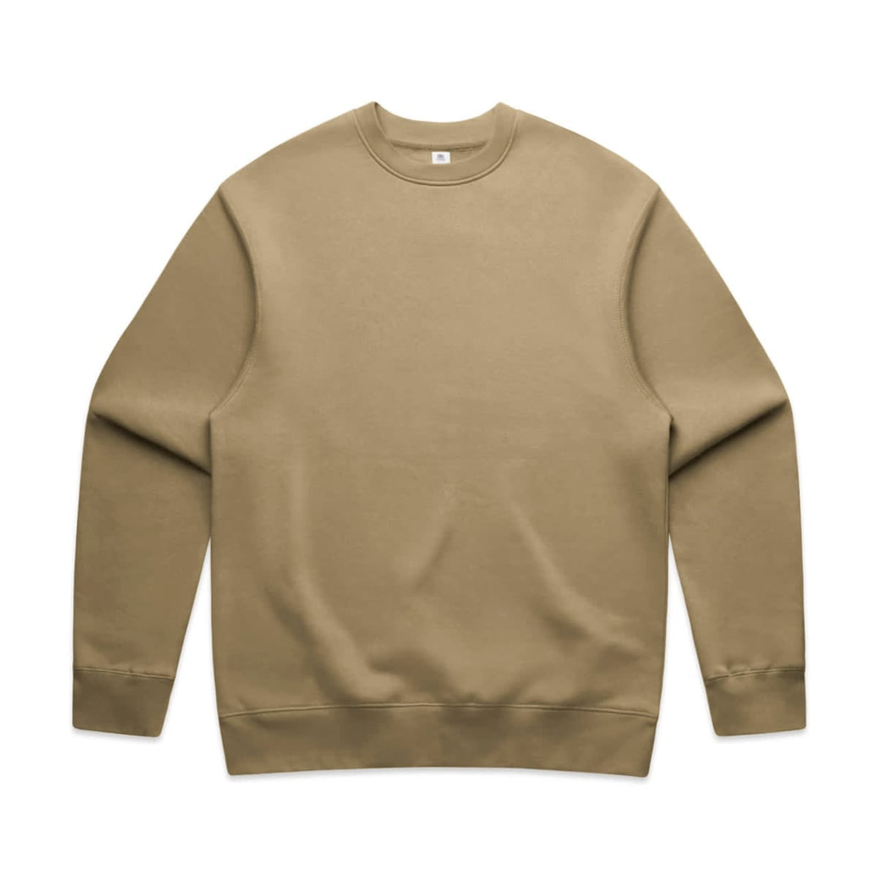 A beige sweater with a rounded neckline and long sleeves. The sweater has a logo on it.
