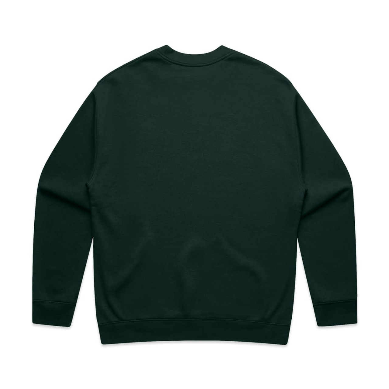 A dark green sweater with long sleeves and a crew neck, featuring a logo on the back.