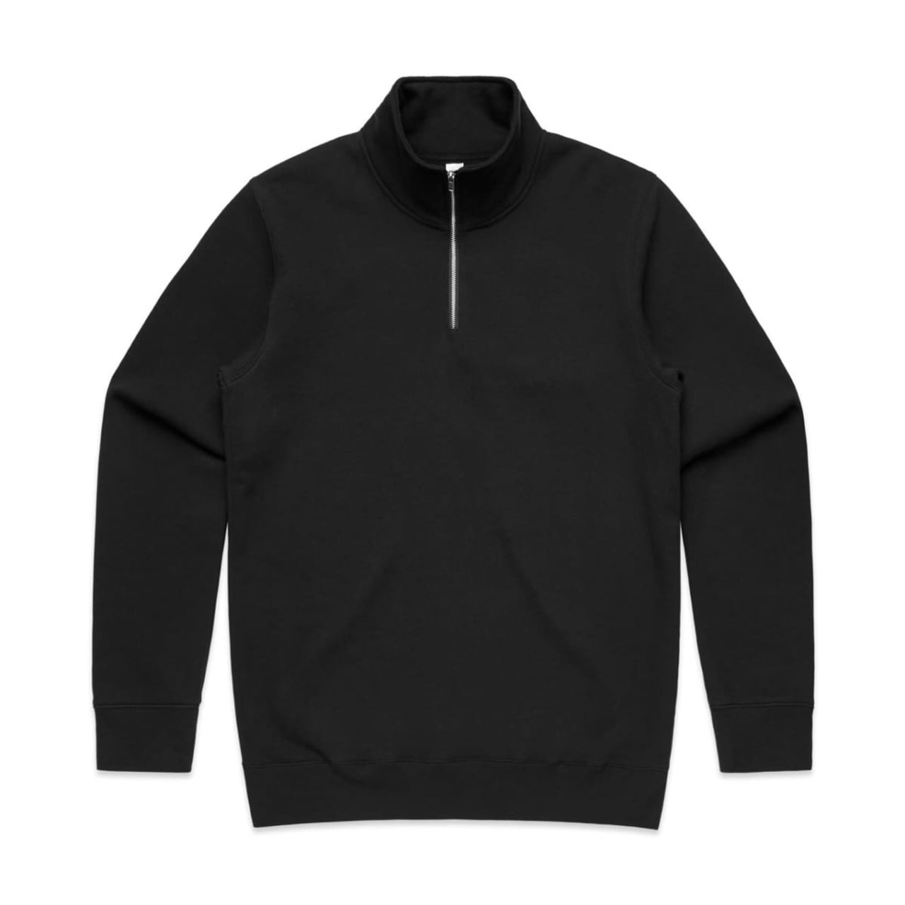 A black half zip crew jumper with long sleeves, featuring a front zip and a simple, clean design.