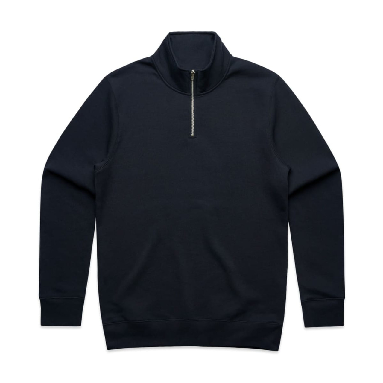 A black half-zip crew jumper featuring long sleeves and a zippered collar. Includes a logo on the design.