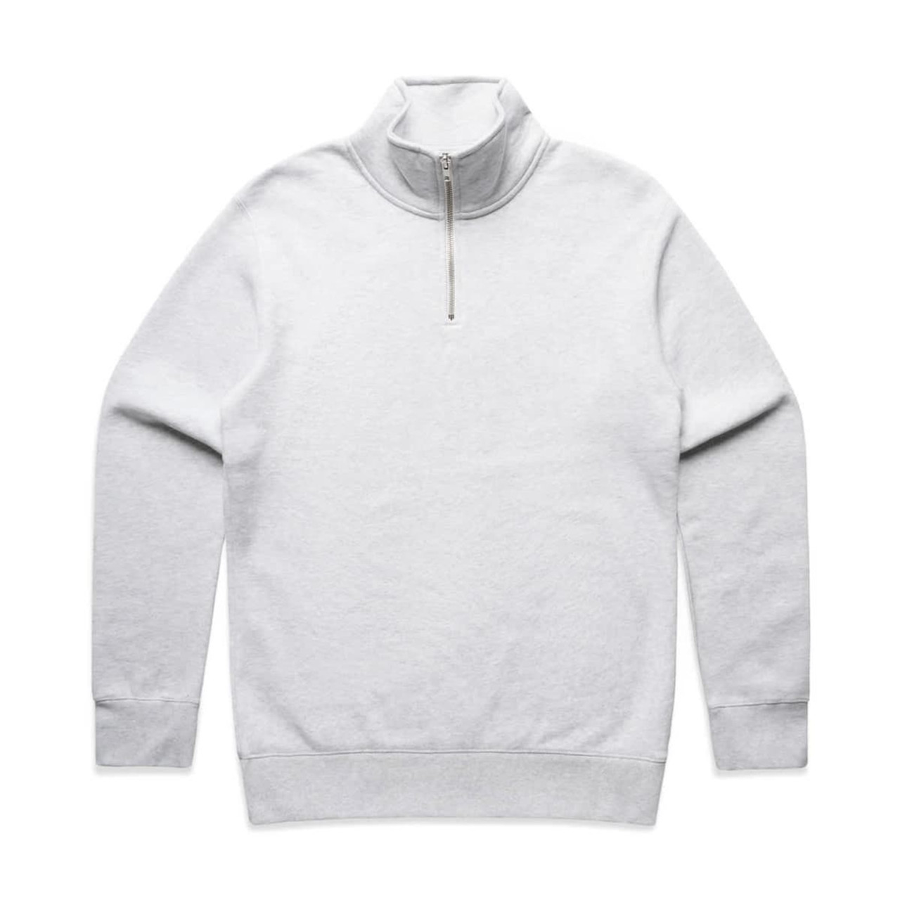 A light grey half zip crew jumper featuring long sleeves and a collar. It has a logo on the front.