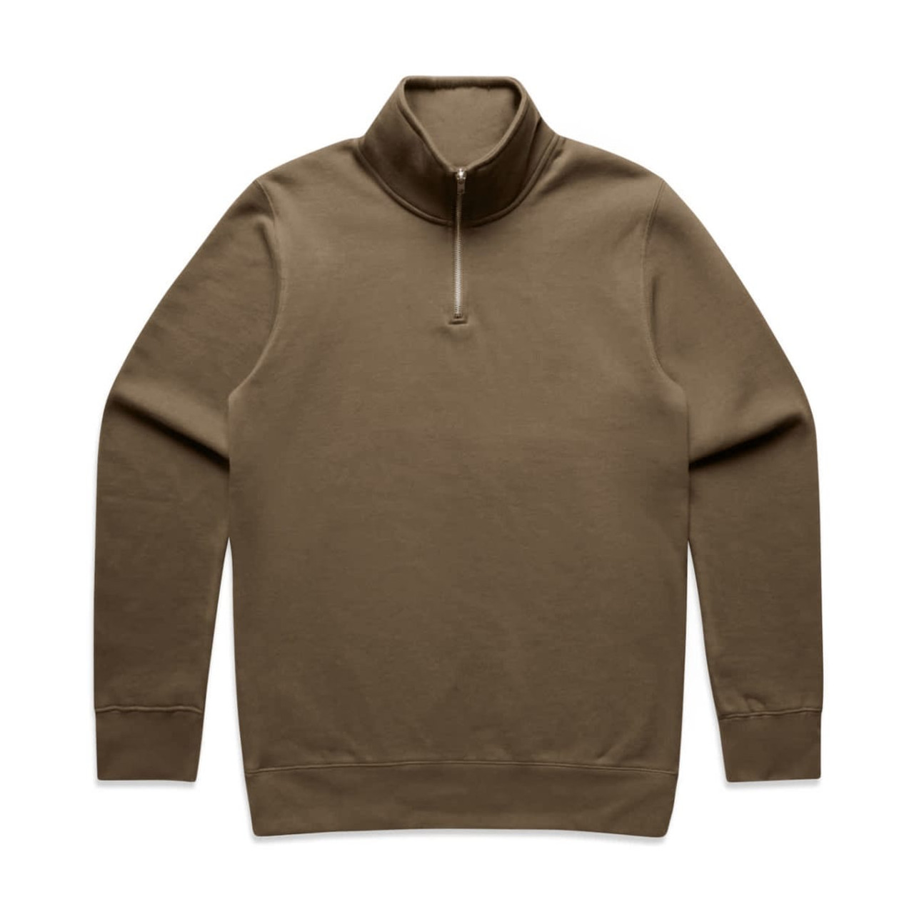A brown half-zip crew jumper featuring long sleeves and a subtle logo.