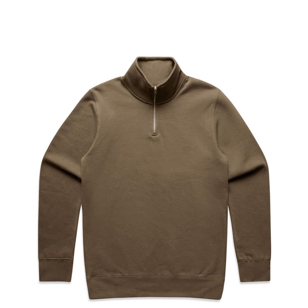 A khaki sweater featuring a half zip design, with long sleeves and a ribbed neckline. It has a logo.