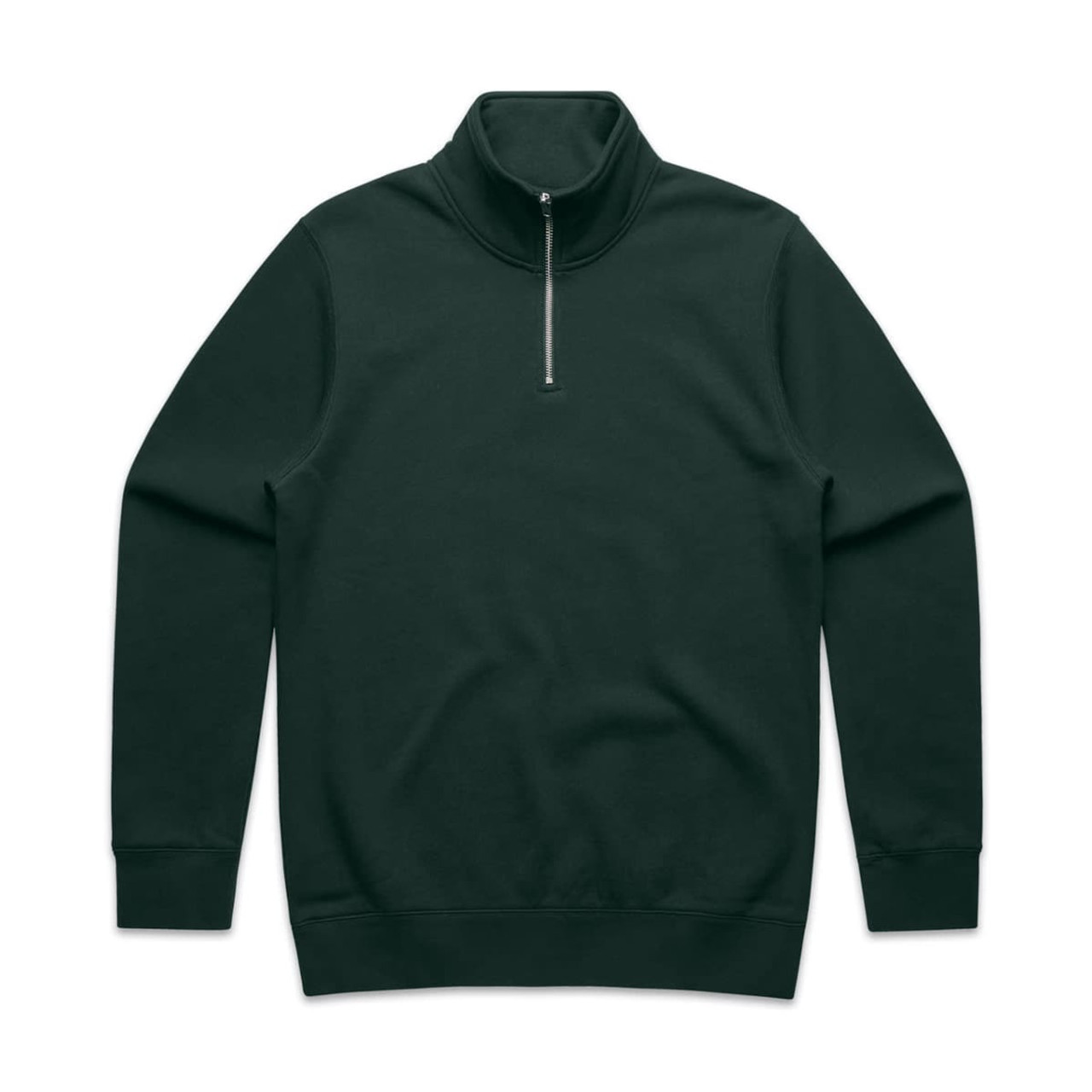 A dark green half zip crew jumper with long sleeves and a zip at the neckline, featuring a logo.
