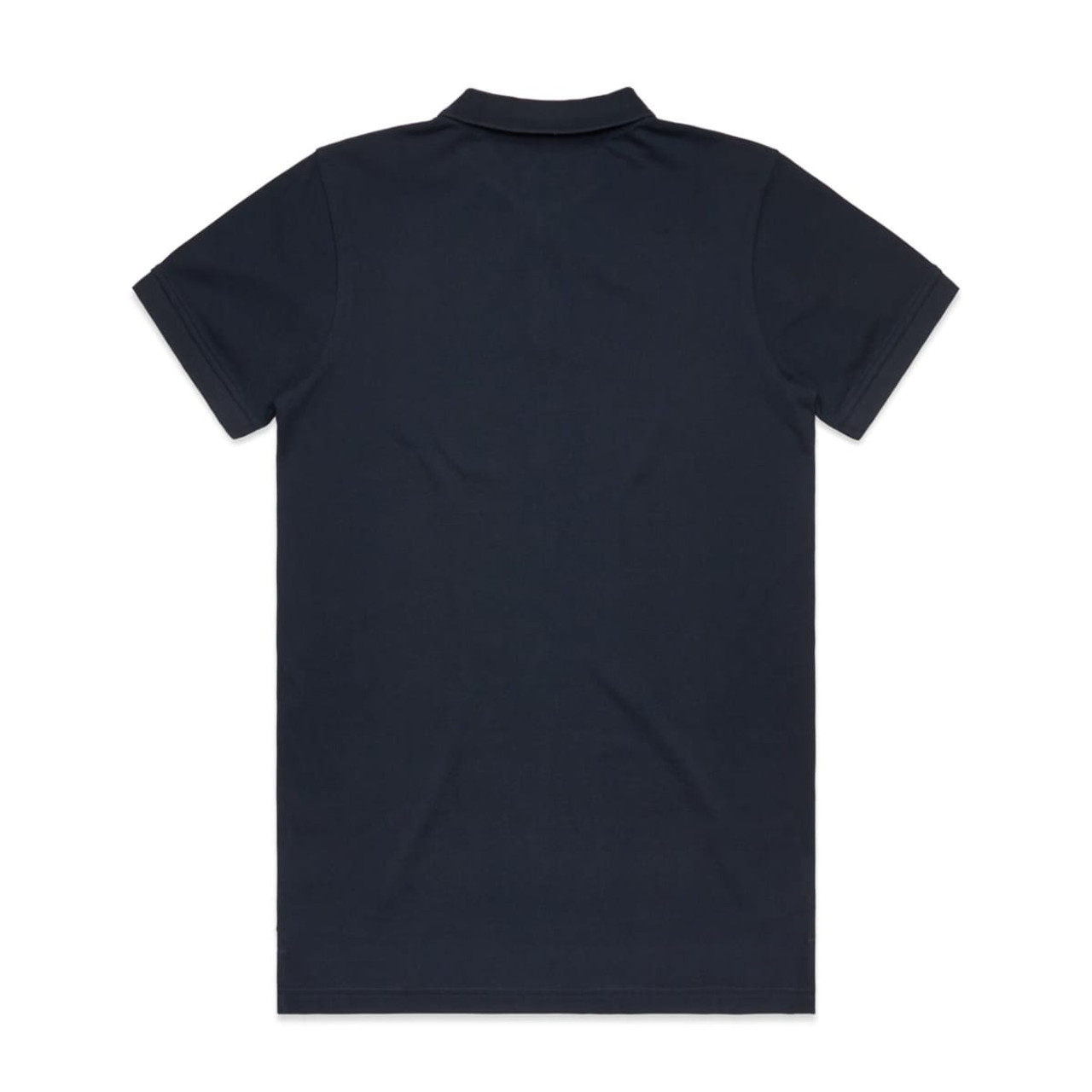 A dark navy polo shirt with a classic collar and short sleeves, featuring a branding logo.