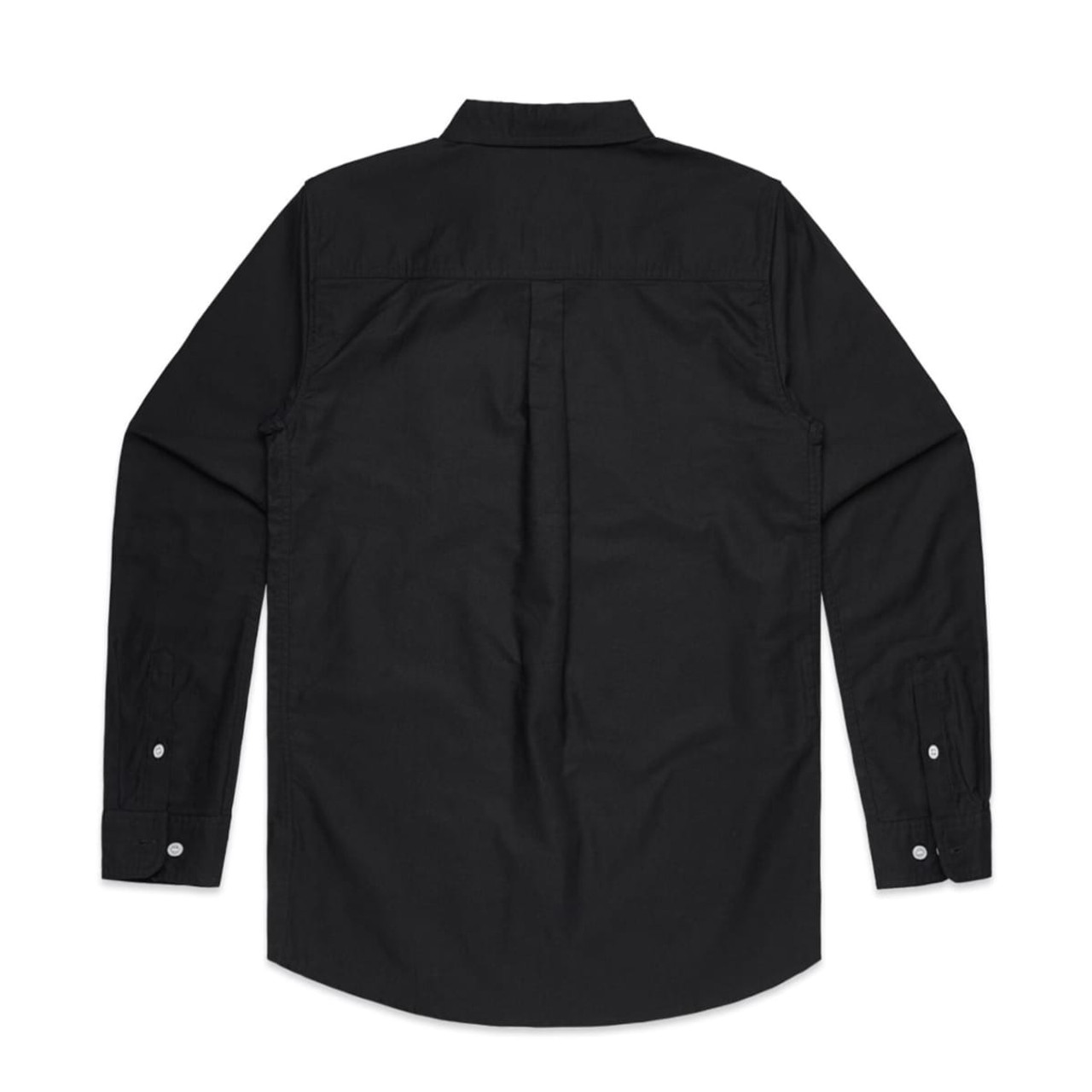 A black button-up Oxford shirt with long sleeves and a back yoke detail. The shirt features a branded tag.