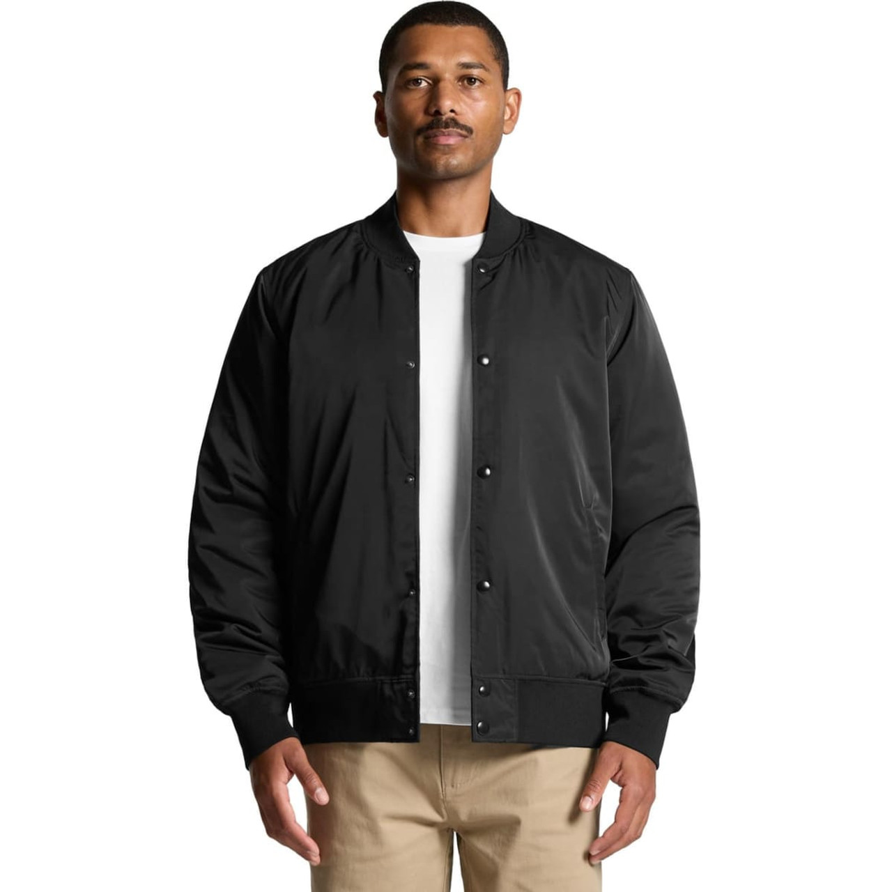 A black bomber jacket with a classic design, featuring a button-up front and ribbed cuffs.