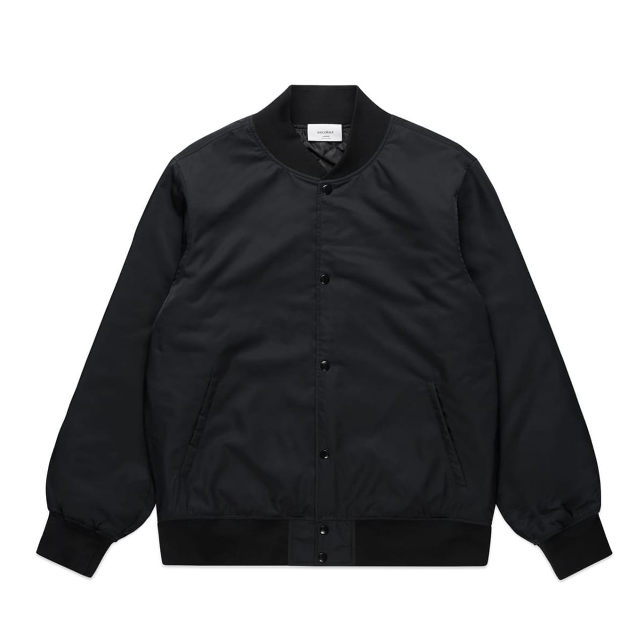 A black college bomber jacket featuring a front button closure and ribbed cuffs. It has a simple, sleek design.
