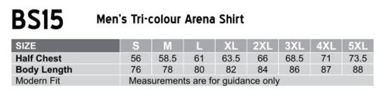 A chart displaying size measurements for the Men's Tri-Colour Arena Shirt in various sizes, featuring a contrast design.