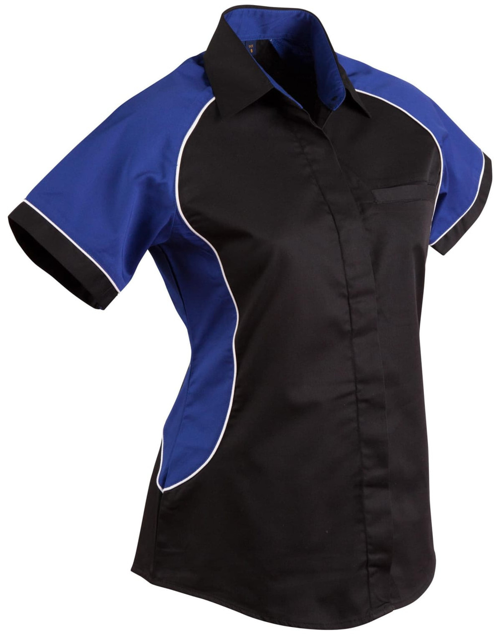 A button-up shirt featuring a tri-colour design with black, blue, and white contrasting panels. It has a pocket and logo.