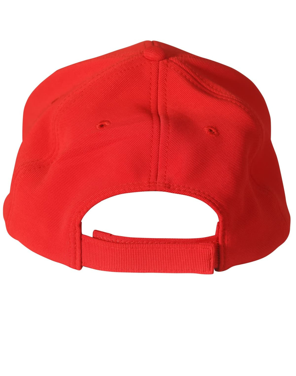 A red Ottoman cap featuring a back strap for adjustment and a logo.